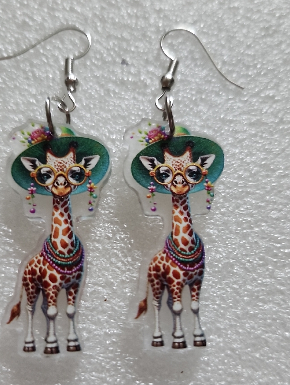 Hand Crafted Green Hat Giraffe Earrings with Multicolor Beads
